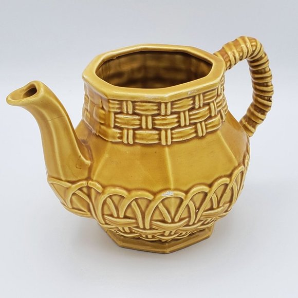 Mustard Yellow Basket Woven Glazed Decorative Tea Pot Cottagecore - Picture 3 of 13